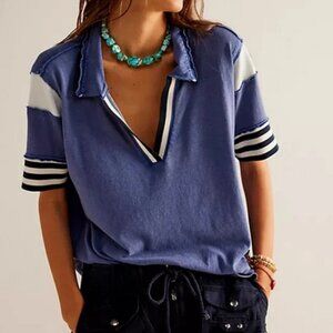 Free People We The Free Be Kind Tee V Neck Striped Polo Blouse Tunic Top XS